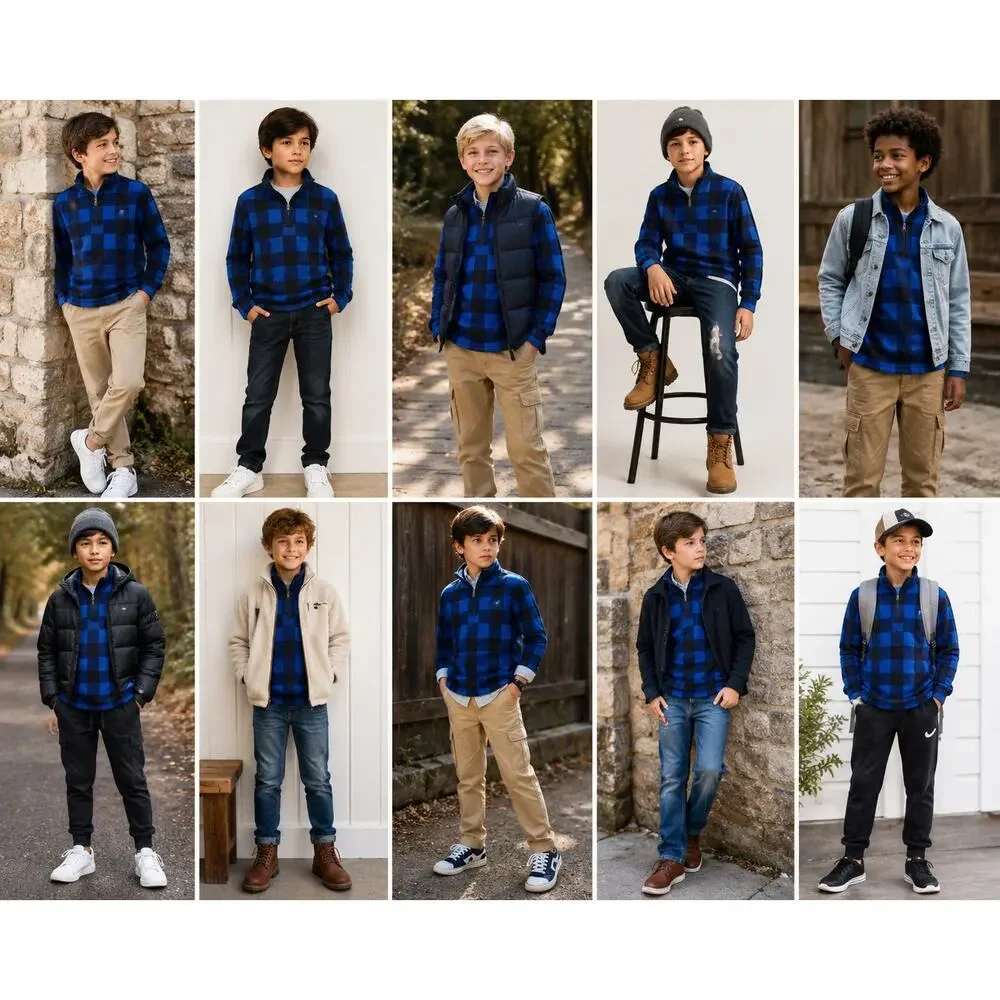 The Children's Place Boys' Blue Buffalo Plaid 1/2 Zip Fleece Pullover Size 16